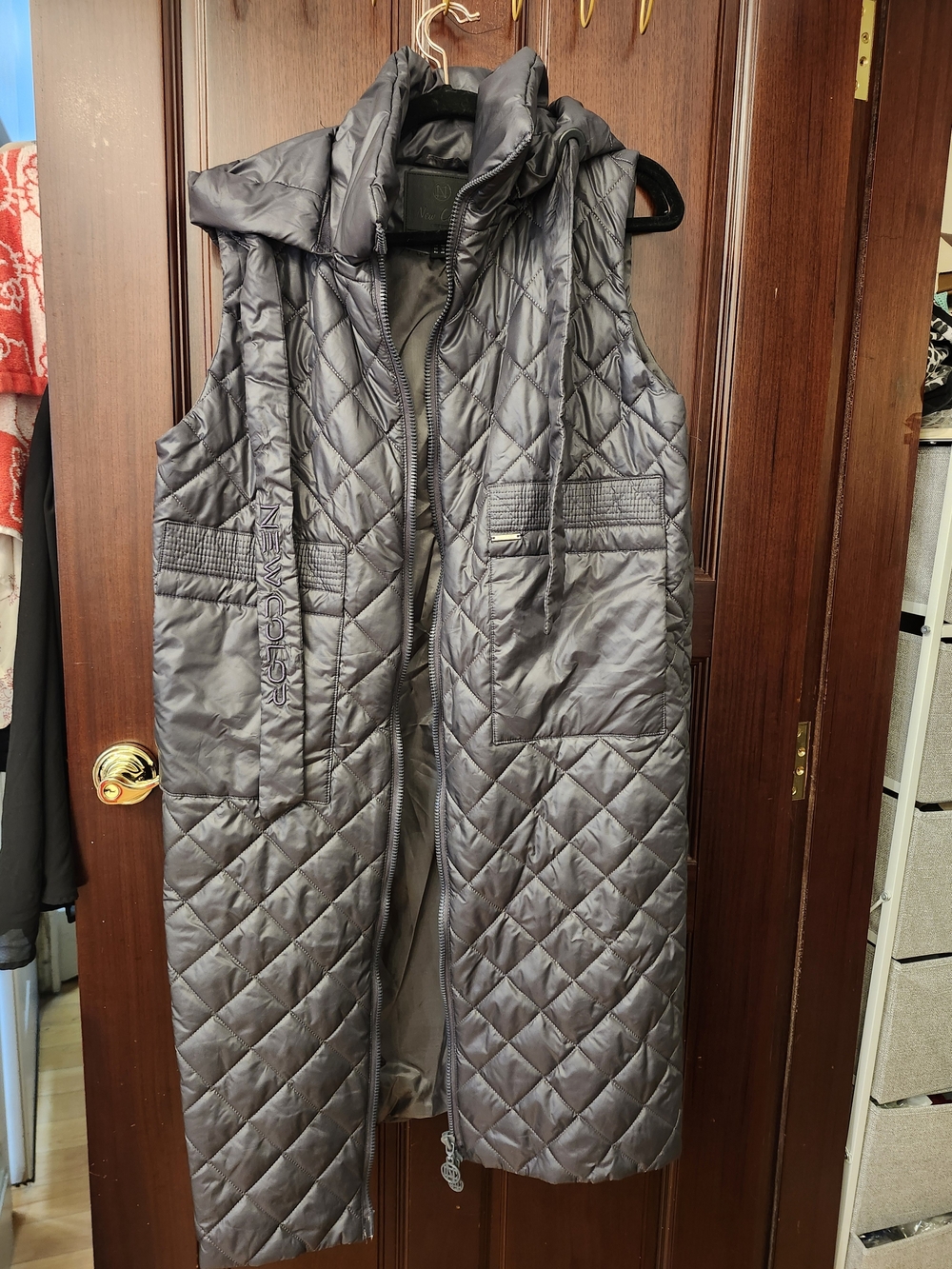 Quilted Hooded Long Vest in Gray